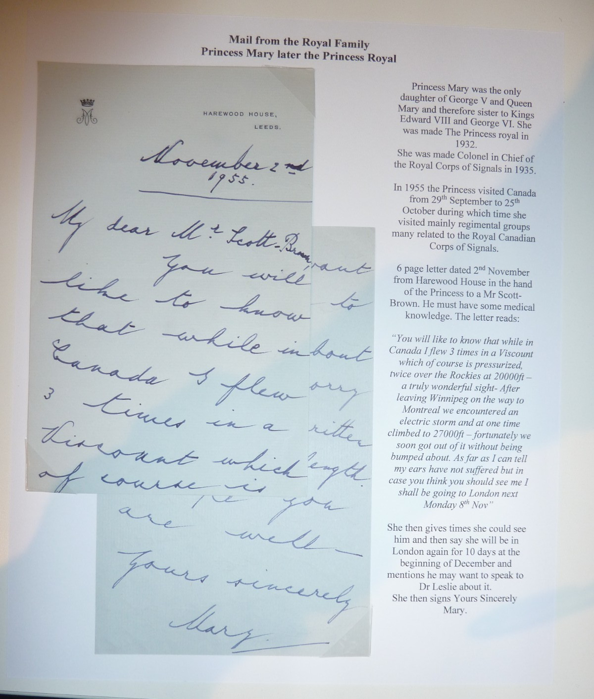 1955 Letter from Princess Mary Harewood House describing flying Jet 1st time 