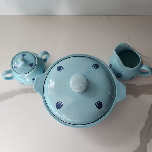 Vtg Cronin Tulip Pottery Pot With Lid And Sugar And Matching Creamer - Picture 23 of 24