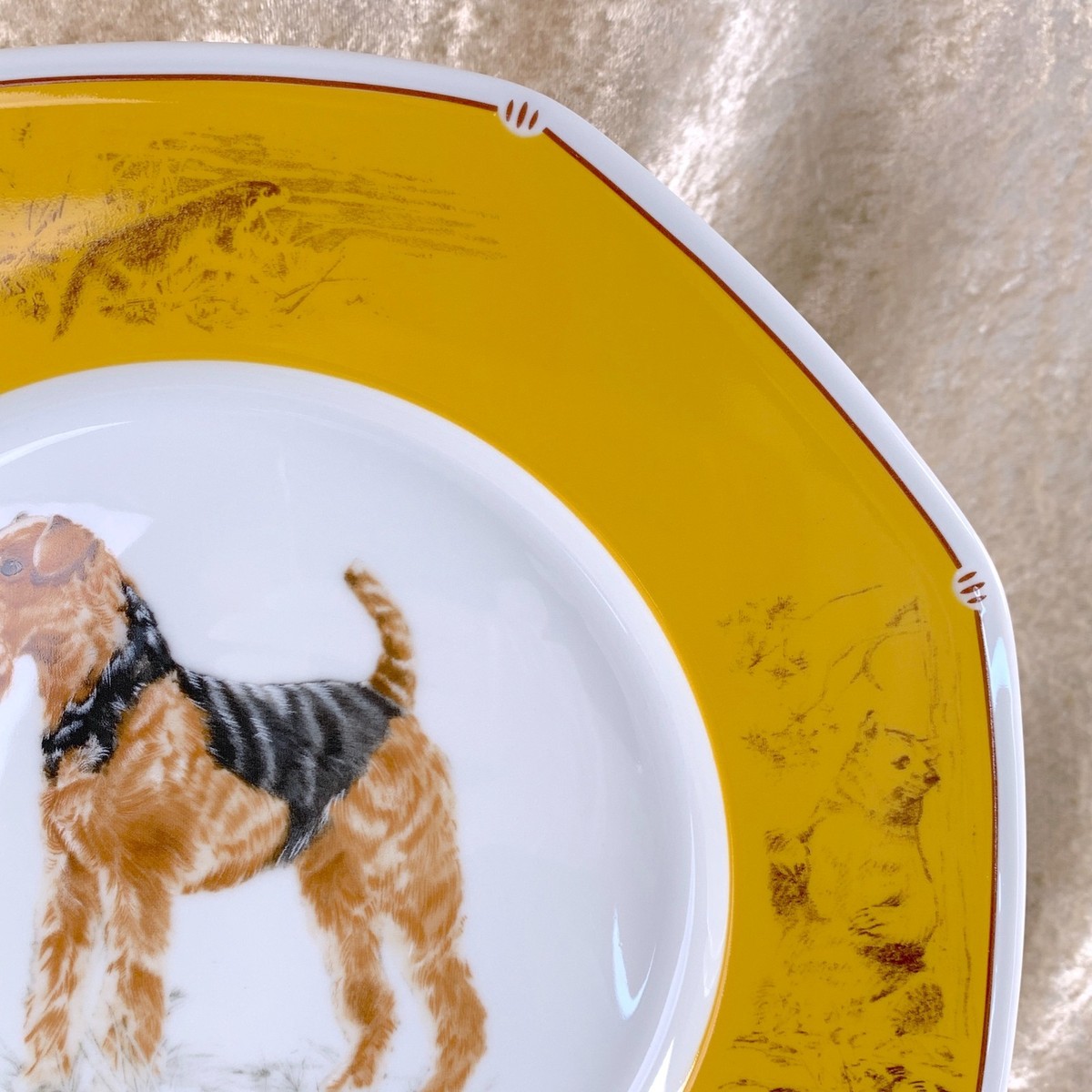 Vintage Hermes Paris Plate Airedale Terrier Dog Yellow Porcelain