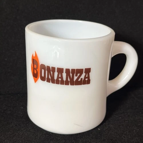 Vintage Bonanza Steakhouse Restaurant Milk Glass Coffee Mug Cup