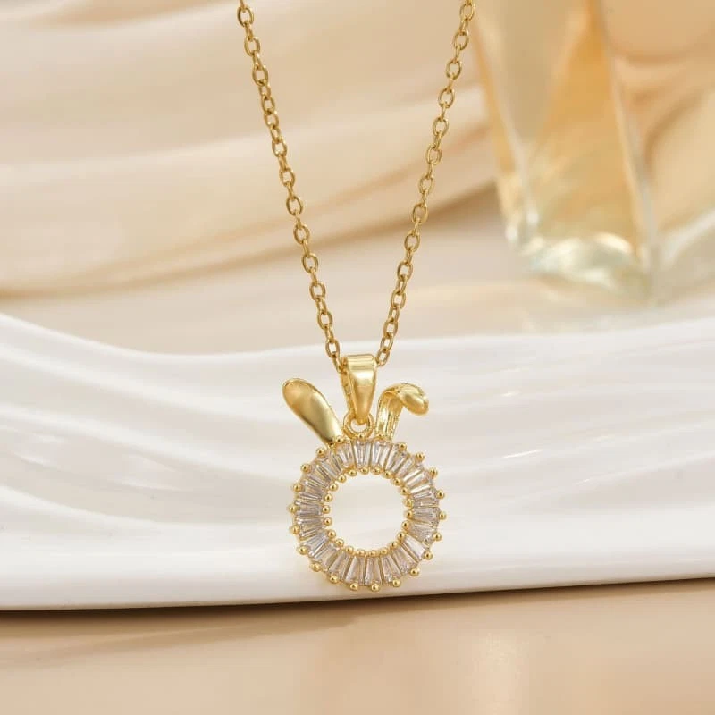 Ожерелье с кроличьим ухом круг кубический цирконий камни подвеска элегантное звено ювелирная цепочка - Изображение 4 из 4