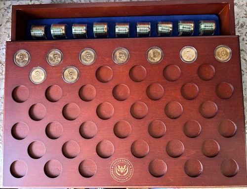 Danbury Mint U.S. Presidential Coin Dollar Wooden Display Case 9 Coins + 9 Rolls