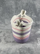 Cotton Rope Storage Basket Oval Bin Purple Pink White Striped Handles Nursery