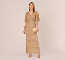ADRIANNA PAPELL Beige Gold Diamond Sequin Beaded Embellished Sheer Gown US 20 W