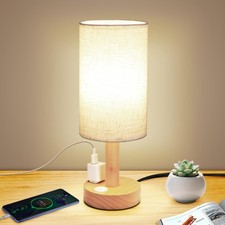 Small Bedside Table Lamp with AC Outlet,Natural Round Wood Base Fabric Linen Sha