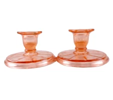 Pair of Pink Depression Glass Candlesticks Vintage For Taper Candle