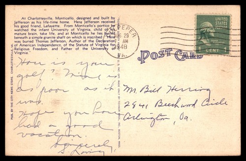 Postcard Monticello, Thomas Jefferson, Charlottesville, VA LINEN POSTED 1948 - Picture 2 of 2