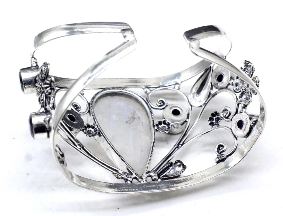 925 Sterling Silver Moonstone & Spinel Gemstone Jewelry Cuff Bracelet Size-ADJ - Image 3 of 4