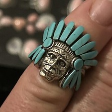 STERLING SILVER NATIVE AMERICAN SW INLAID TURQUOISE INDAIN CHEIF RING SZ 6 .925