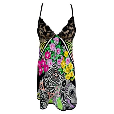 Gianni Versace S/S 1993 Sheer Lace Bra Floral Print Slip Silk Mini Dress |  eBay