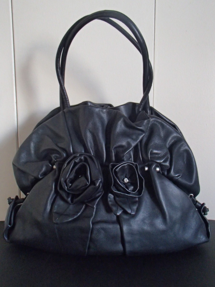 Italian RENATO ANGI Black Leather TULIP Flowers Crystals Bag Purse
