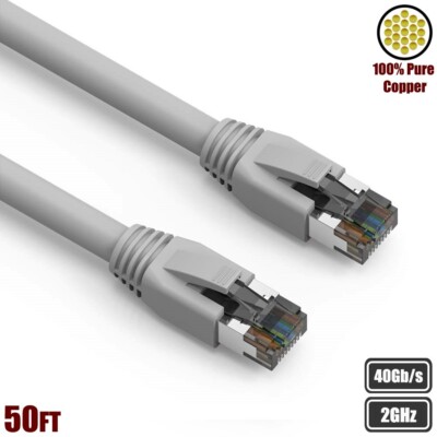 50FT Cat8 RJ45 Network LAN Ethernet S/FTP Patch Cable Copper 2GHz 40Gbps Gray