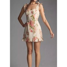 REFORMATION Christine ivory pink floral short dress smocking Viscose size 12