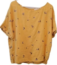 Cynthia Rowley Yellow Embroidered Floral 100% Linen Button Back Top Large