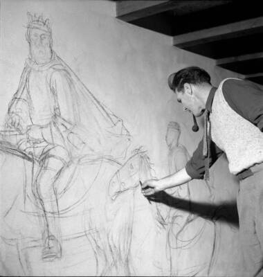 Walter Clenin in front of a fresco in the ref parish hall Biel 1948 Old Photo