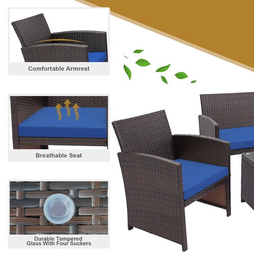 4PCS Patio Conversation Set Outdoor Rattan Furniture Set w/ Navy Cushions - Picture 2 of 3