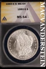 1880-S Morgan Dollar - ANACS MS 64 - Scarce  No Reserve  #SLK649