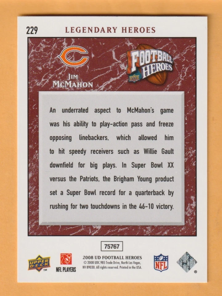 Jim McMahon Chicago Bears 2008 Upper Deck Heroes #229 BYU Cougars - Image 2 of 2