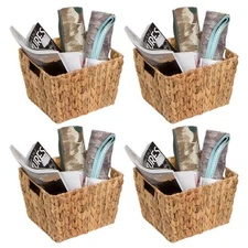 Wicker Storage Basket Bin Hyacinth Cube Set of 4 Decorative Organizer Bins