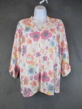 FDJ French Dressing Jeans Shirt Womens Small White Floral V Neck 3/4 Sleeve Top