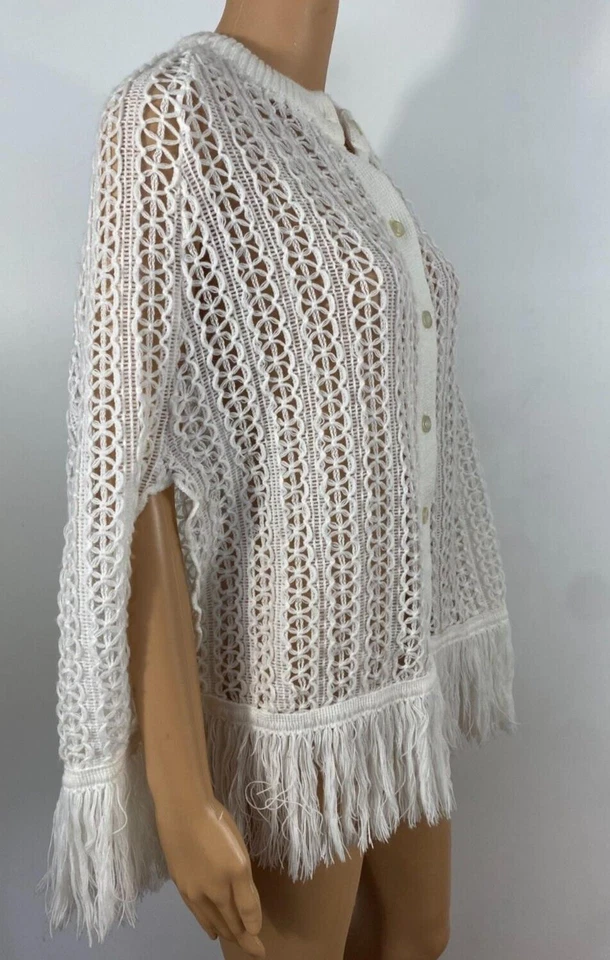 Mantón de ganchillo de colección con flecos abotonados JAPÓN Boho STEVIE NICKS abuela elegante mancha Foto 3 de 4