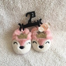Wonder Nation Fox Slippers Baby Girls Size 5 Pink NEW Glitter Crown Faux Fur