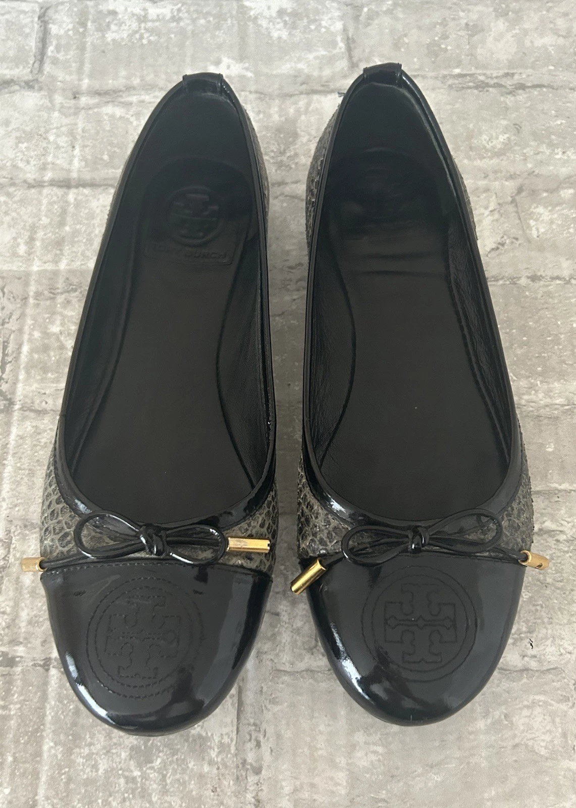 Tory Burch Verbena -Tribal Leather Slip On Ballet Flats Sz 7.5 Black Snake Print