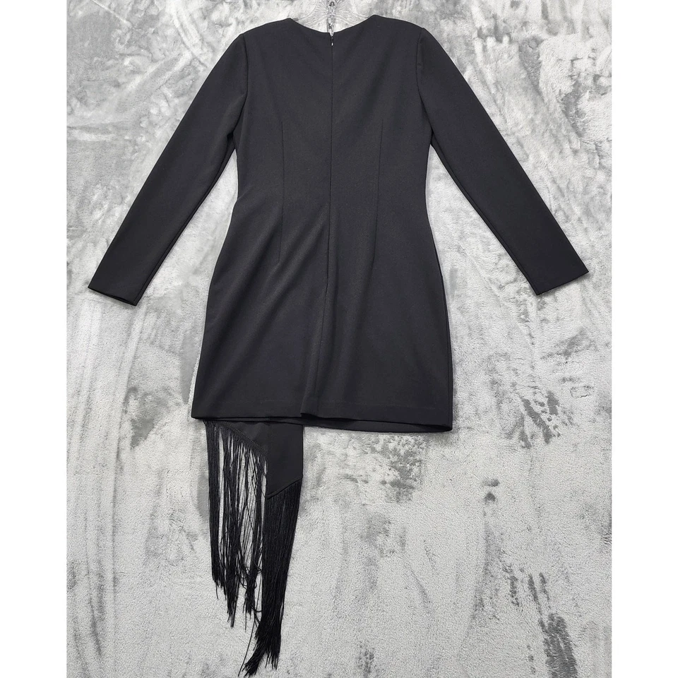 Vestido Belle Badgley Mischka para mujer 8 negro Harley crepé drapeado flecos cóctel Foto 3 de 4