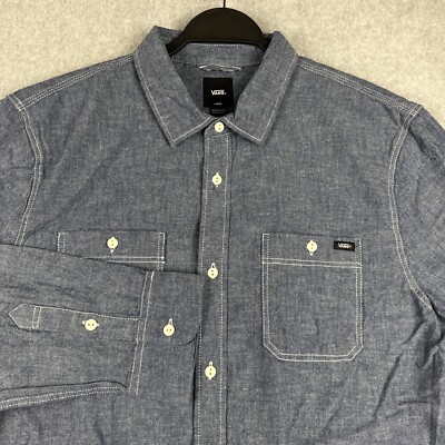 Vans Shirt Men L Oxford LS Chambray Blue Skate Surf Beach Pockets Carlow NWT $55