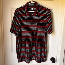 The NorthFace Striped Polo Shirt Mens Large L Short Sleeves Red White Blue BxQ