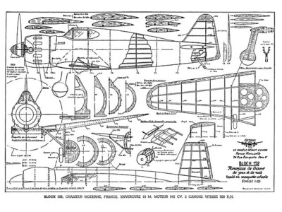 Bloch MB 152 F/F Rubber 34'' Wingspan RC Model Airplane Printed Plans & Templates