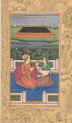 Indian Painting Of Emperor Akbar & Jodha Bai Love Scene On Paper 4.75x8 Inches