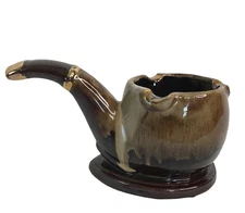 Vintage Ceramic Ashtray Pipe Japan National Potteries Brown Drip Glaze Cleveland