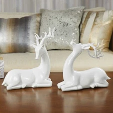 MELROSE HOLIDAY RESTING DEER FIGURINE SET OF 2 1601316, WHITE *DISTRESSED PKG