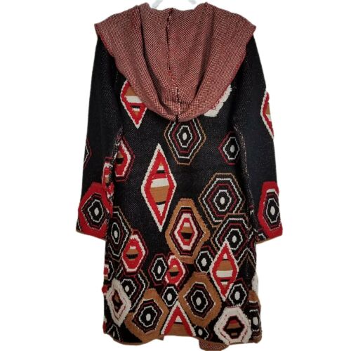 NEW MAXSPORT Long Hooded Open Cardigan Sweater Red & Black Geometric M $368