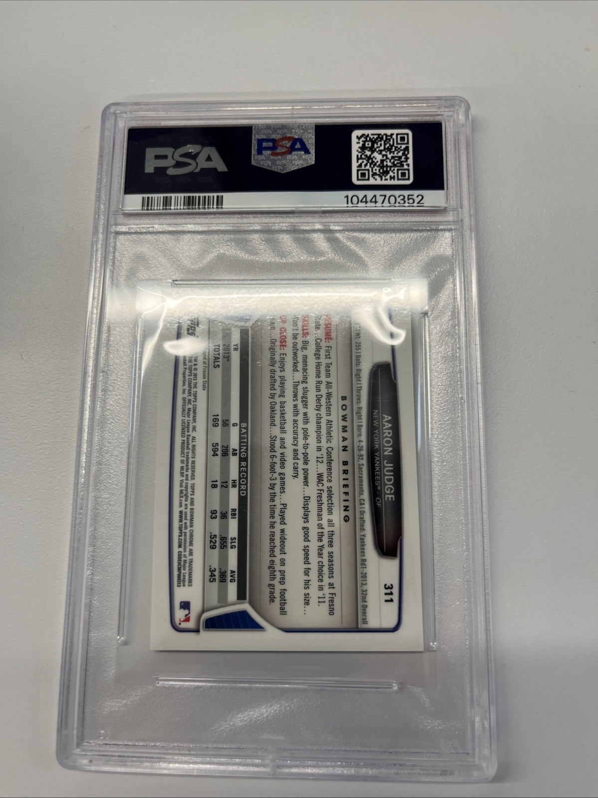 2013 Bowman Chrome Aaron Judge Mini #311 PSA 9 Rookie RC view 2