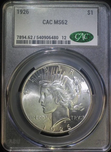 1926 P Peace Silver Dollar CACG MS62 Lustrous CAC Coin
