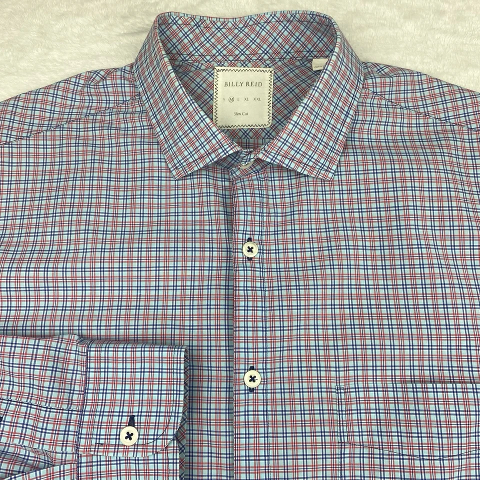 Camisa de vestir Billy Reid para hombre mediana azul/rojo a cuadros corte ajustado mangas largas Foto 2 de 4