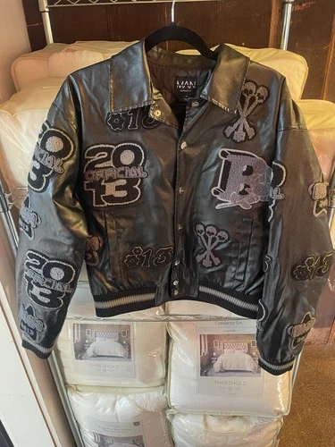 BooHooMan Men’s 2013 Official Varsity Letterman Jacket Quilt Lined Black&Gray XS - product listing photo