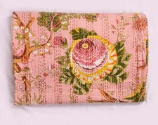 Indian Handmade Cotton Kantha Quilt Hand Block Print King Size Bedspread Blanket