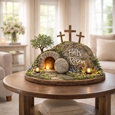 He Is Risen Empty Tomb Easter Decor,Christian Resurrection Scene with Crosses