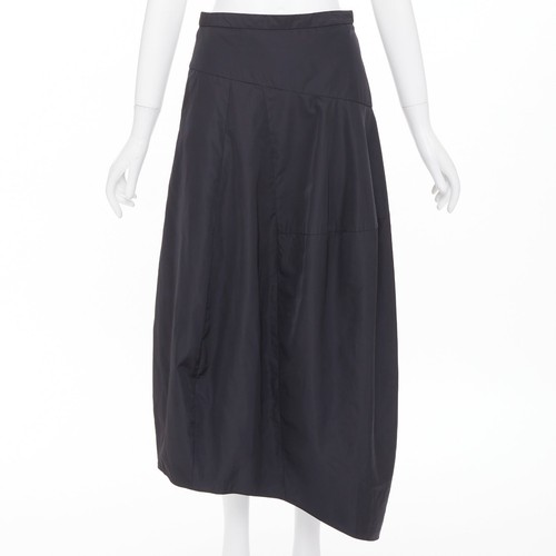 TIBI navy polyester nylon asymmetrical balloon hem panelled midi skirt US0 XS