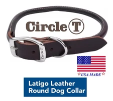 USA MADE PREMIUM LATIGO ROLLED LEATHER Heavy Duty Round Adjustable DOG COLLAR