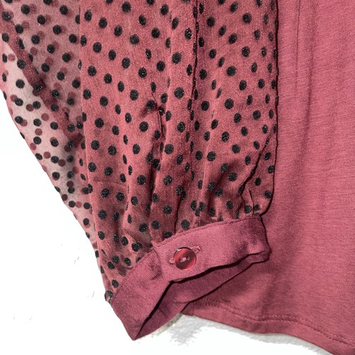 Zac & Rachel Woman 2X Pullover Knit Blouse Sheer Polka Dot Sleeves Maroon/Black - Afbeelding 5 van 14