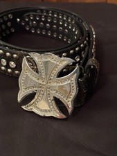 Nocona Black Leather Studded Belt 44  x 1.75  w/ Rhinestone Cross Buckle L