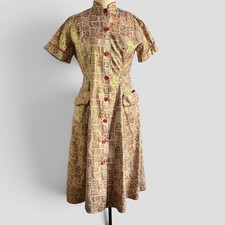 Vintage 1950s Paisley Polished Cotton Fit Flare House Dress with Pockets