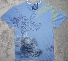 Buffalo David Bitton T-Shirt Men Med Blue Graphic Embroidered Scroll Y2K Style