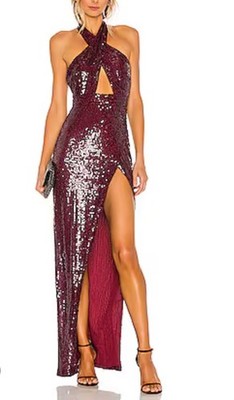 Revolve X Michael Costello MED Soroya Halter Gown Burgundy Sequin Maxi Slit NWT