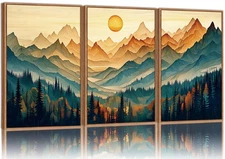 Large Mountain Framed Canvas Wall Art Set of 3, Boho Nature Forest Wall Decor...