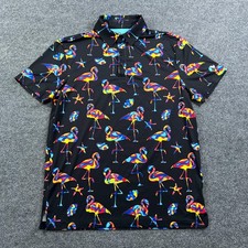 Birdie Bound Polo Shirt Mens Small Black Flamingo Tropical Golf Stretch Print